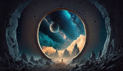 Portal to another world. Futuristic cosmic landscape with circle tunnel in starry sky.