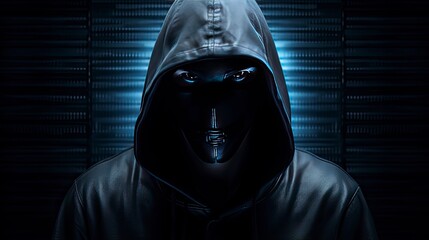 Binary Intrigue. Anonymous robotic hacker. Concept of hacking.
