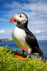 Puffin bird on a green grass patch.
