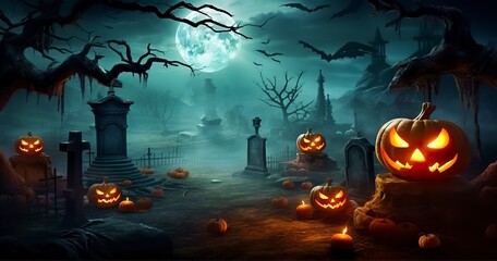 Pumpkins In Graveyard In The Spooky Night, Halloween Backdrop.