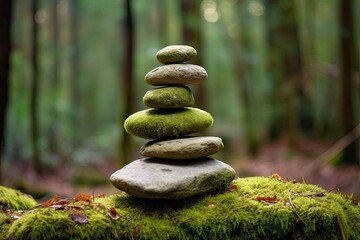 Pyramid stones balance on old mossy fallen tree.