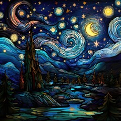 Starry night in stained glass style