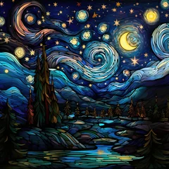 Papier Peint photo Coloré Starry night in stained glass style