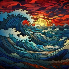 Waves and sunset in stained glass style