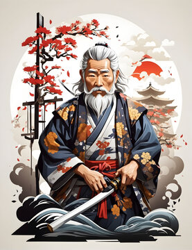 Japanese theme designs, About Old man wearing a samurai costume, white background. ai generative