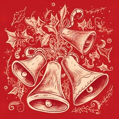 Chitsmas bell and decoration drawing on red background