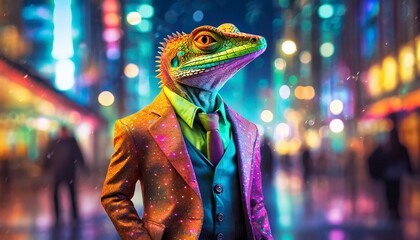 Fototapeta na wymiar Anthromorphic Lizard Wearing Fashionable Blazers