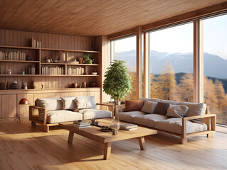 Modern space wooden interior living room with large windows and wooden furniture generative ai