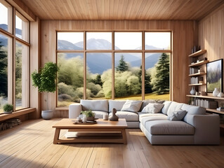 Modern space wooden interior living room with large windows and wooden furniture generative ai