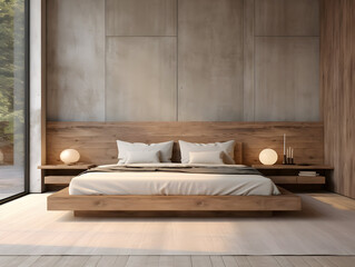Modern wooden bedroom with wooden furniture generative ai