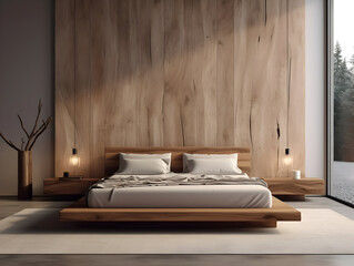 Modern wooden bedroom with wooden furniture generative ai