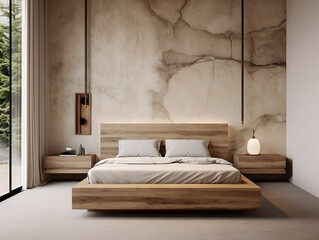 Fototapeta na wymiar Modern wooden bedroom with wooden furniture generative ai