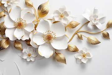 3d gold flowers white backgroung.