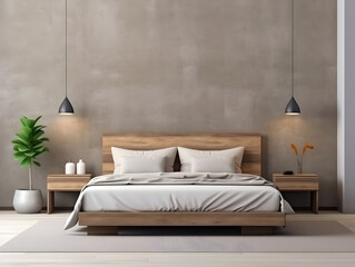 Modern wooden bedroom with wooden furniture generative ai