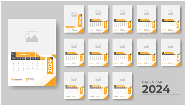 2024 creative corporate and business planner 12 page wall calendar vector Layout design.