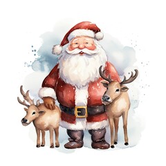 Cute Santa Claus standing with reindeer.