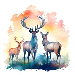 Colorful Deers in Forest. T-shirt design.