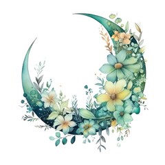 Watercolor floral Moon with greenery on a white background.