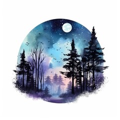 Forest moon silhouette with fairy shining in the night sky on a white background.