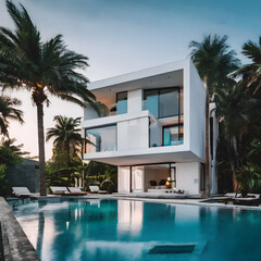 Fototapeta premium hotel swimming pool, Mid-century style home interior design of modern living room