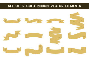 Set of 12 gold ribbon vector elements. Vector illustration. Suitable for wedding invitation, aesthetic decoration, social media post, banner, promotion, advertising, etc.