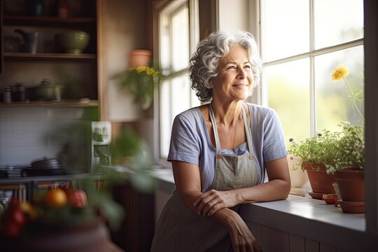 Smiling middle aged woman staying in the kitchen at home