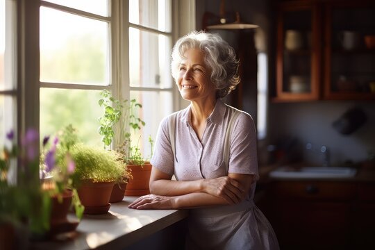 Smiling middle aged woman staying in the kitchen at home