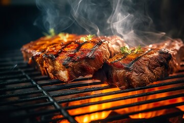 Meat grilling on a charcoal grill with smoke rising..