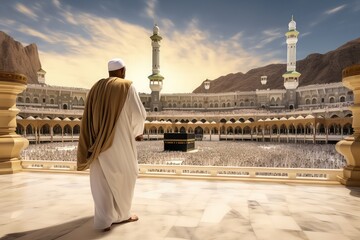 Man in pilgrim performing haj or umrah in front of kaaba, Mecca - obrazy, fototapety, plakaty
