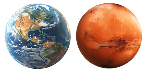 Planets earth and mars on white or transparent background
