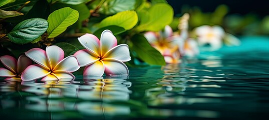 Plumeria flowers on green leaf floating on water. A peaceful and serene scene with a touch of nature and beauty. - obrazy, fototapety, plakaty