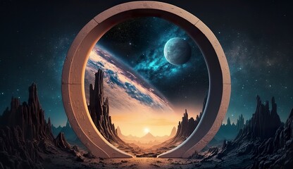 Portal to another world. Futuristic cosmic landscape with circle tunnel in starry sky.