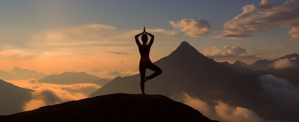 silhouette of a woman practicing yoga in the summit with mountain Background.