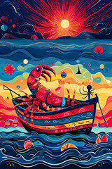 Lobster in the boat on the sea. Digital illustration.