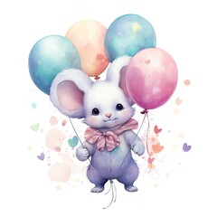 Watercolor mouse with balloons.