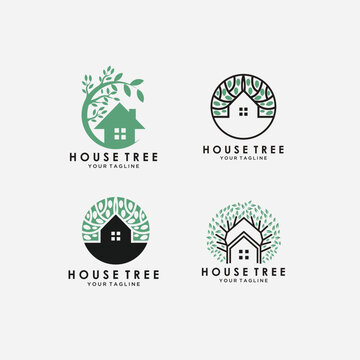 set of collection house logo template. house tree, house palm, house inspiration design.