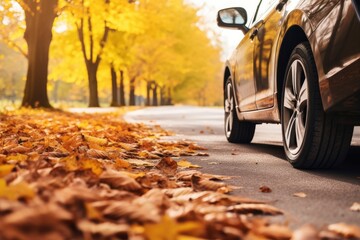 Car on asphalt road on an autumn day at the park.