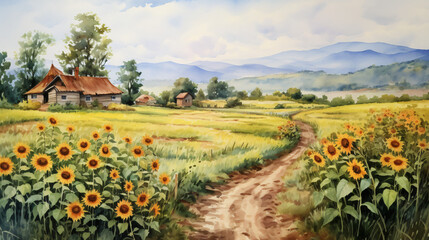Farm with sunflowers