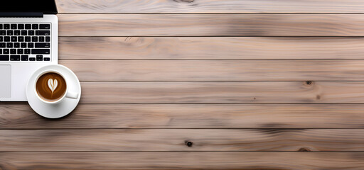 Empty table with laptop and cup of coffee. Blank space for product mock up. Generative AI