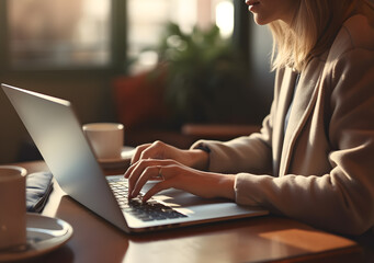 Female typing on laptop keyboard. Closeup shot, chatting, Blogger, journalist writing. Generative AI
