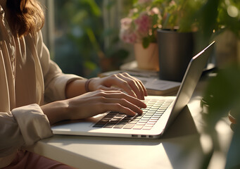 Female typing on laptop keyboard. Closeup shot, chatting, Blogger, journalist writing. Generative AI