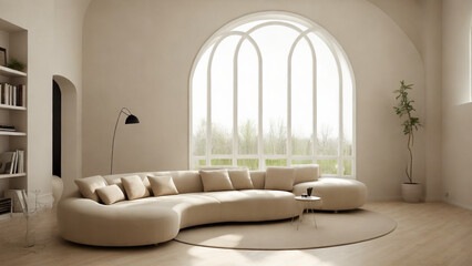 Beige Beauty: Curved Sofa and Arched Window in a Minimalist Living Room