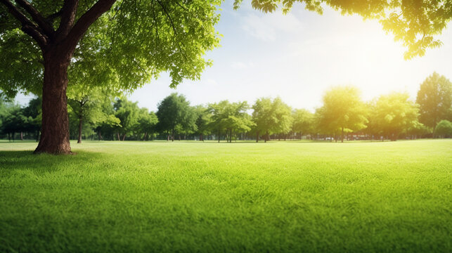 Green lawn and trees background with copyspace. Nature background concept. Generative AI