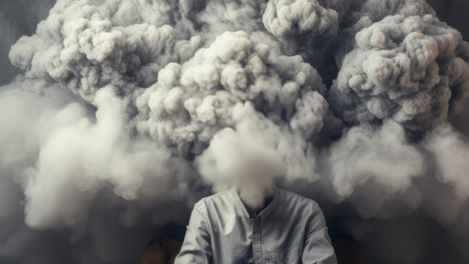 A man with a cloud over his head, a metaphorical representation intended to reflect emotional and psychological stress. - obrazy, fototapety, plakaty