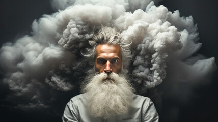 A man with a cloud over his head, a metaphorical representation intended to reflect emotional and psychological stress.