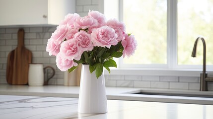 A white vase full of pink flowers is sitting on counter. - obrazy, fototapety, plakaty