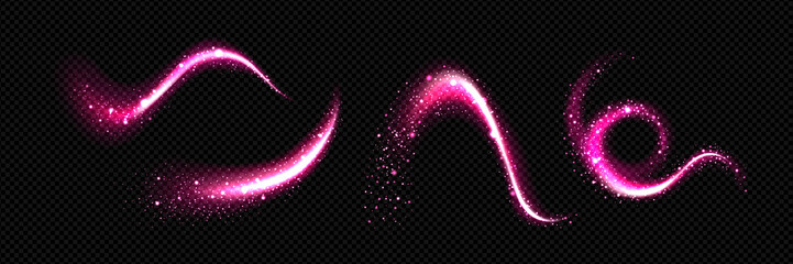 Pink light trails with the effect of dust , black illustrated background  - obrazy, fototapety, plakaty