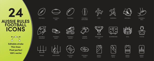 Aussie Rules Football Icon Set with editable stroke. Perfect for logos, stats and infographics. Change the thickness of the line in any vector capable app.