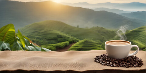Cup of coffee with smoke and coffee beans in burlap sack on coff. blurred Coffee plantation on the mountain. - obrazy, fototapety, plakaty