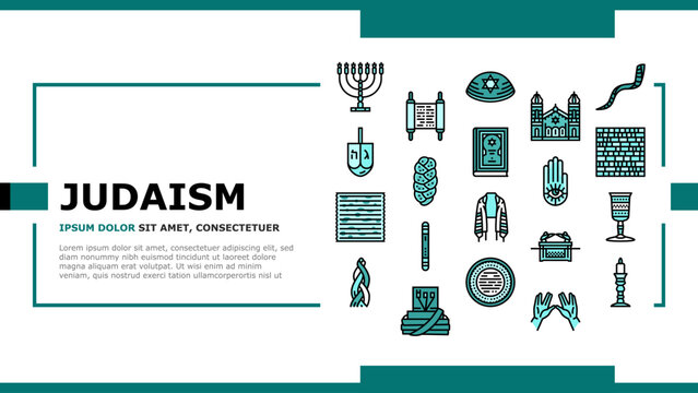 judaism jewish jew israel torah landing web page vector. synagogue holocaust, hebrew israeli, kippur hanukkah, yom shofar, pray star candle judaism jewish jew israel torah Illustration